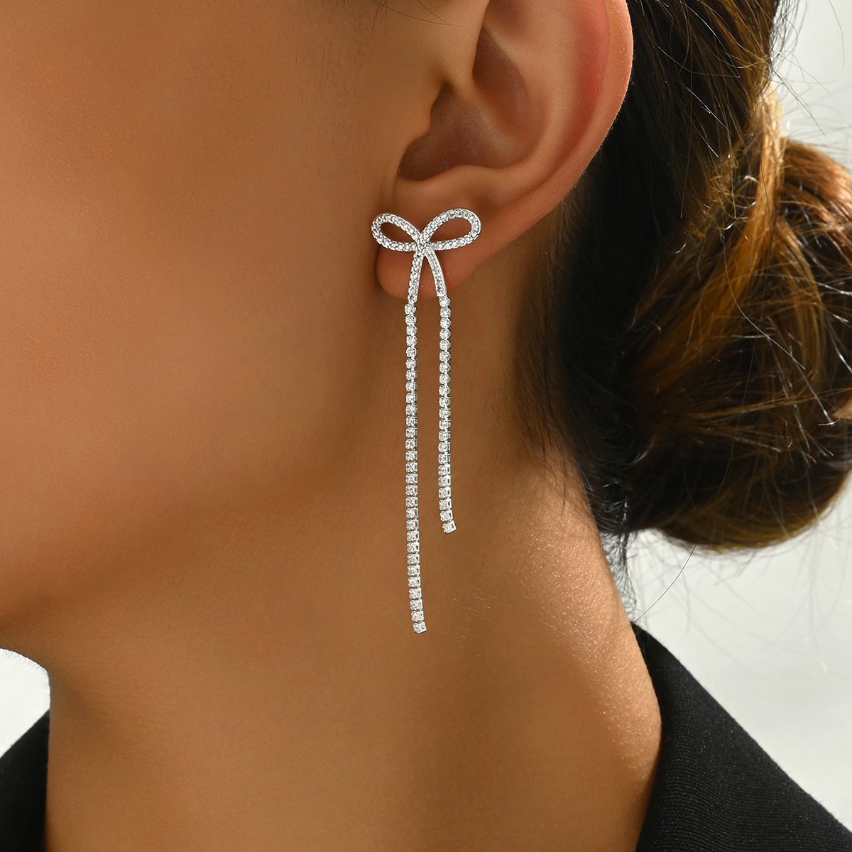 Silver Bow Rhinestone Earrings